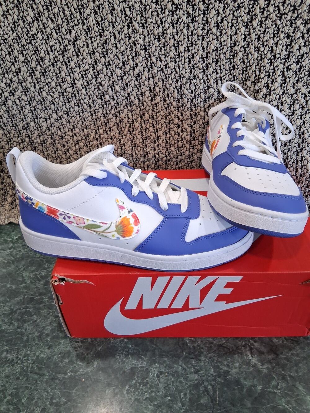Nike Court Borough Low FL Shoes Youth Size 5.5Y White Sapphire Floral IQ0878-100